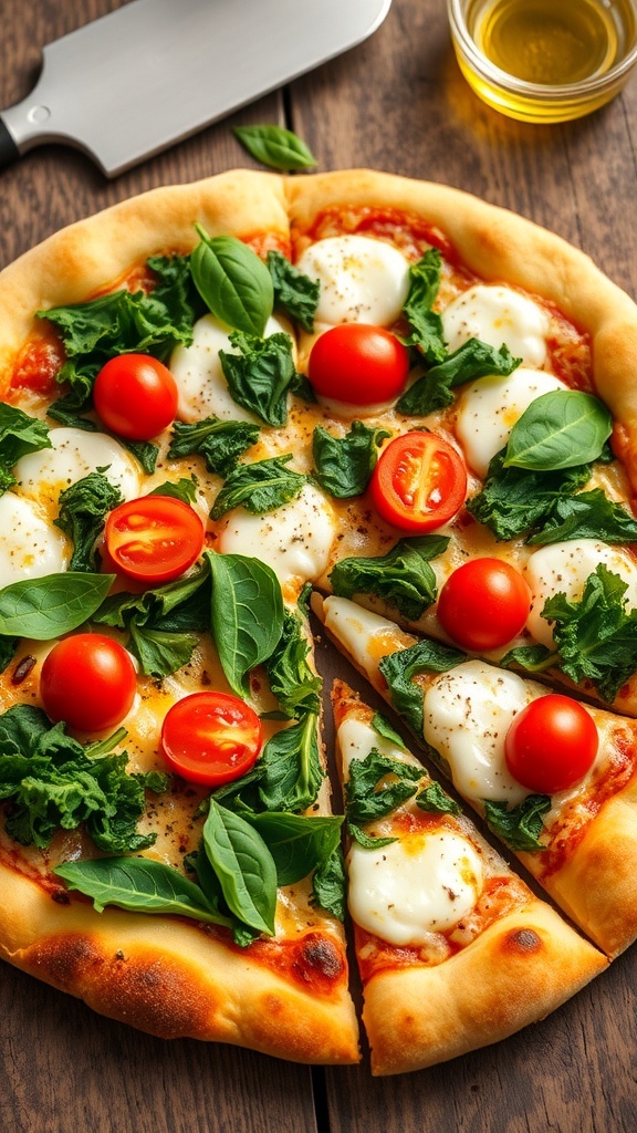 A delicious kale and cheese pizza with bubbling mozzarella, cherry tomatoes, and fresh basil on a rustic wooden table.